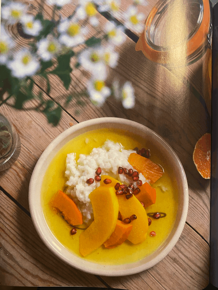 Riz au lait, coings & potimarron au sirop safrané